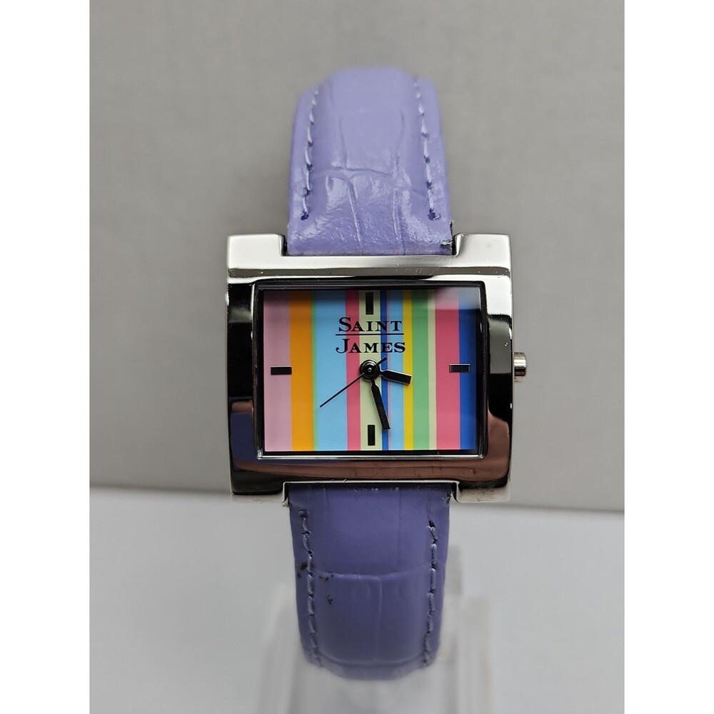 Saint James Womens Rectangular Stripe Purple Leather Retro Watch New Battery